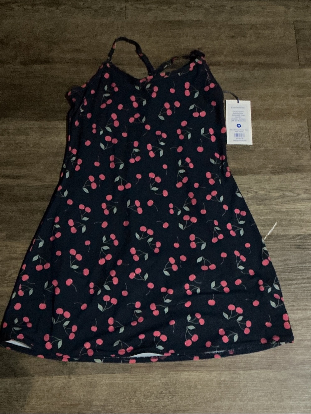 Outdoor Voices Navy Cherry-Print Slip Dress with Pink Cherries